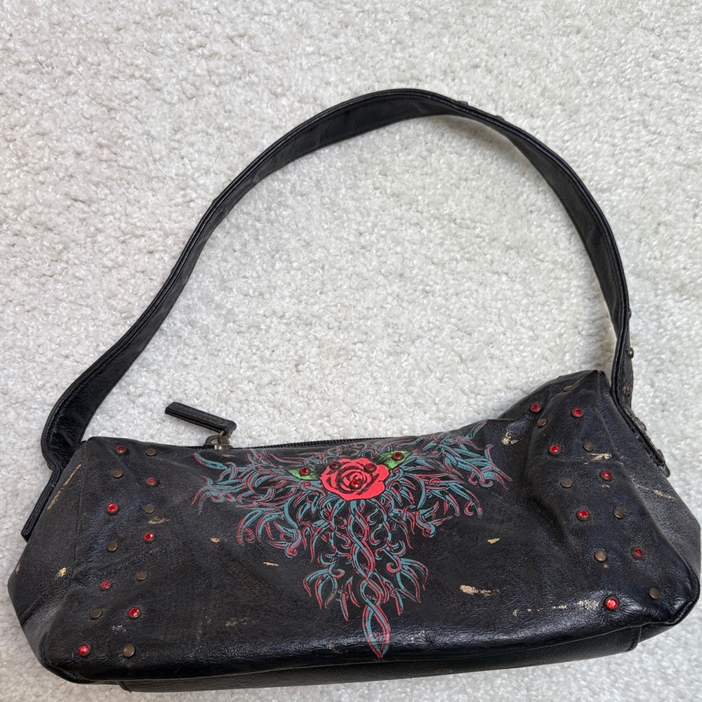 Wilsons Leather Black Shoulder Bag with Red Floral Design